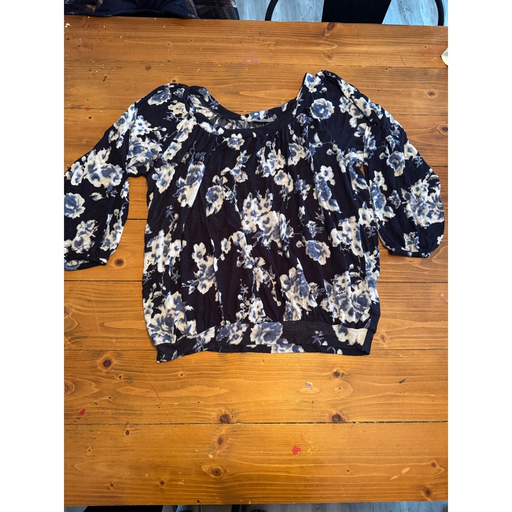 Dalia Black Blue Floral Print Balloon Sleeve Blouse Top Womens M